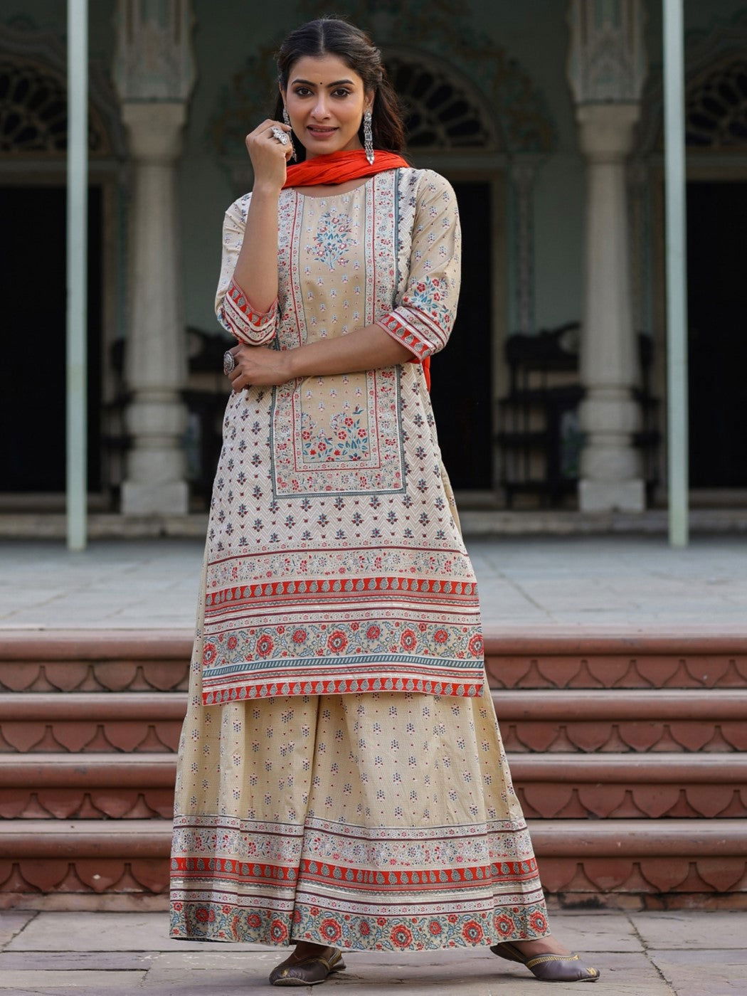 Beige Ethnic Motif Printed Pure Cotton Kurta Sharara & Dupatta Set.