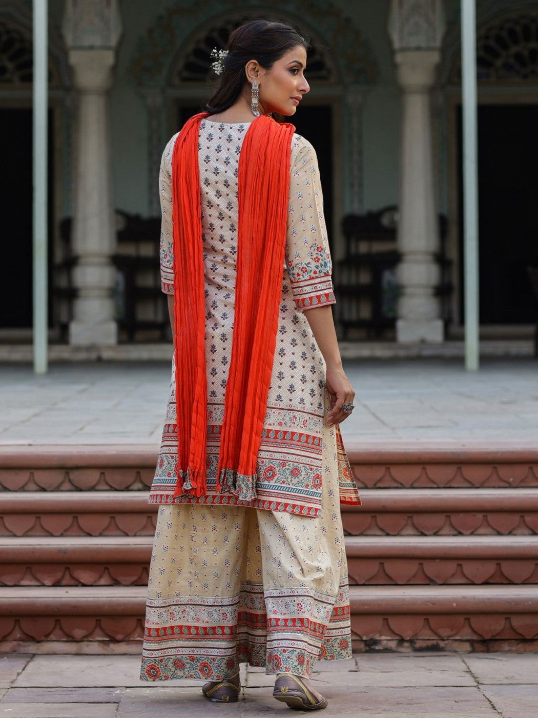 Beige Ethnic Motif Printed Pure Cotton Kurta Sharara & Dupatta Set.