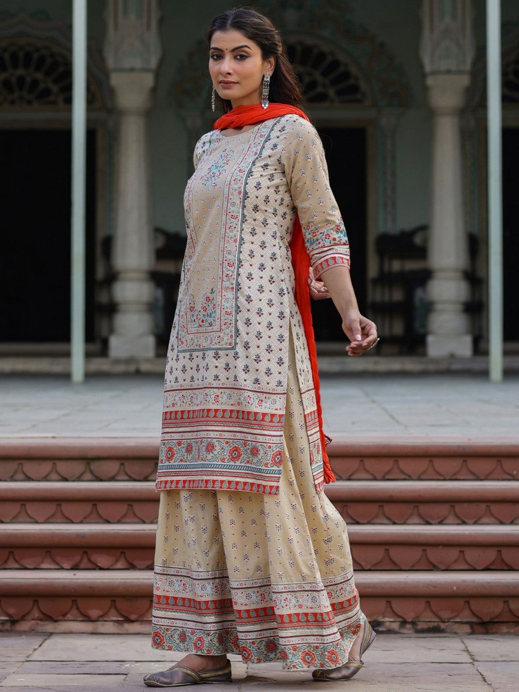 Beige Ethnic Motif Printed Pure Cotton Kurta Sharara & Dupatta Set.