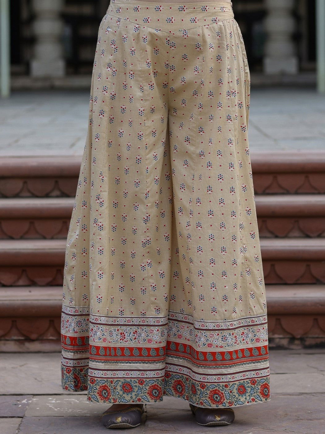 Beige Ethnic Motif Printed Pure Cotton Kurta Sharara & Dupatta Set.