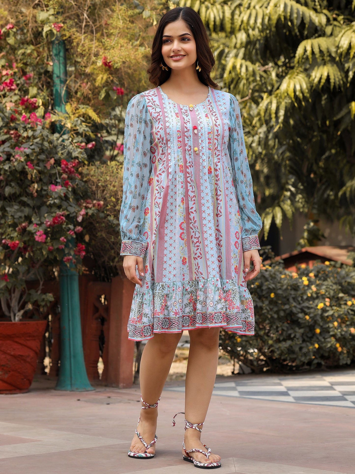 Blue Floral Printed Pure Cotton Short Dress With Sequence Work