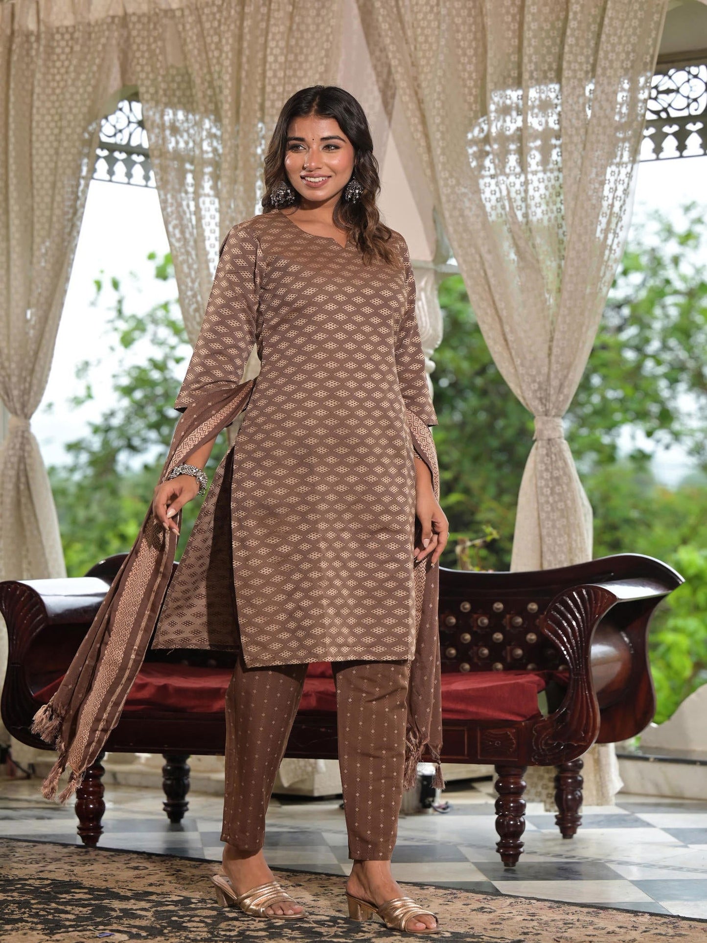 Brown Geometric Printed Cotton Kurta Pant Set With Tassels On Dupatta