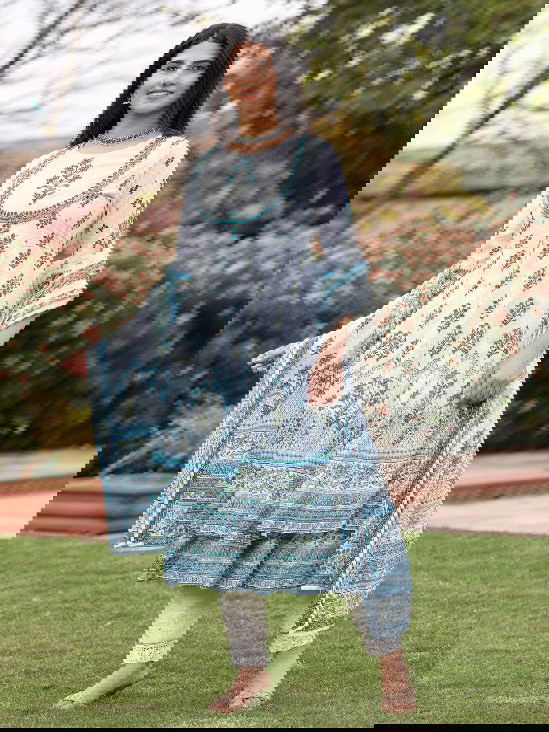 Ethnic Motif Print Cotton Cambric Anarkali Kurta & Kota Doria Dupatta & Pants With Tread Embroidery