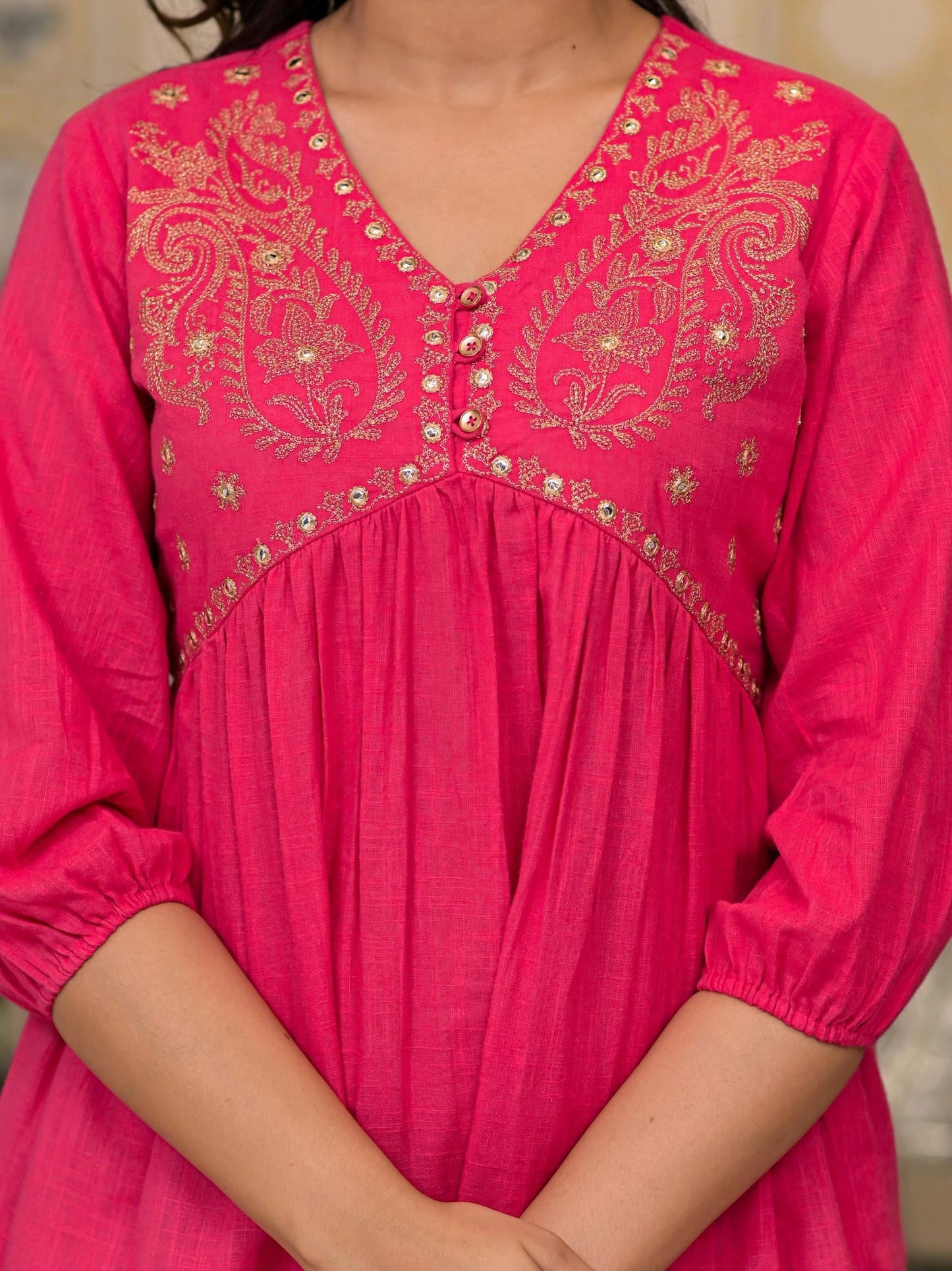 Fuchsia Embroidered Cotton Women Tunic And Pant Co-Ord Set With Mirror & Zari Work