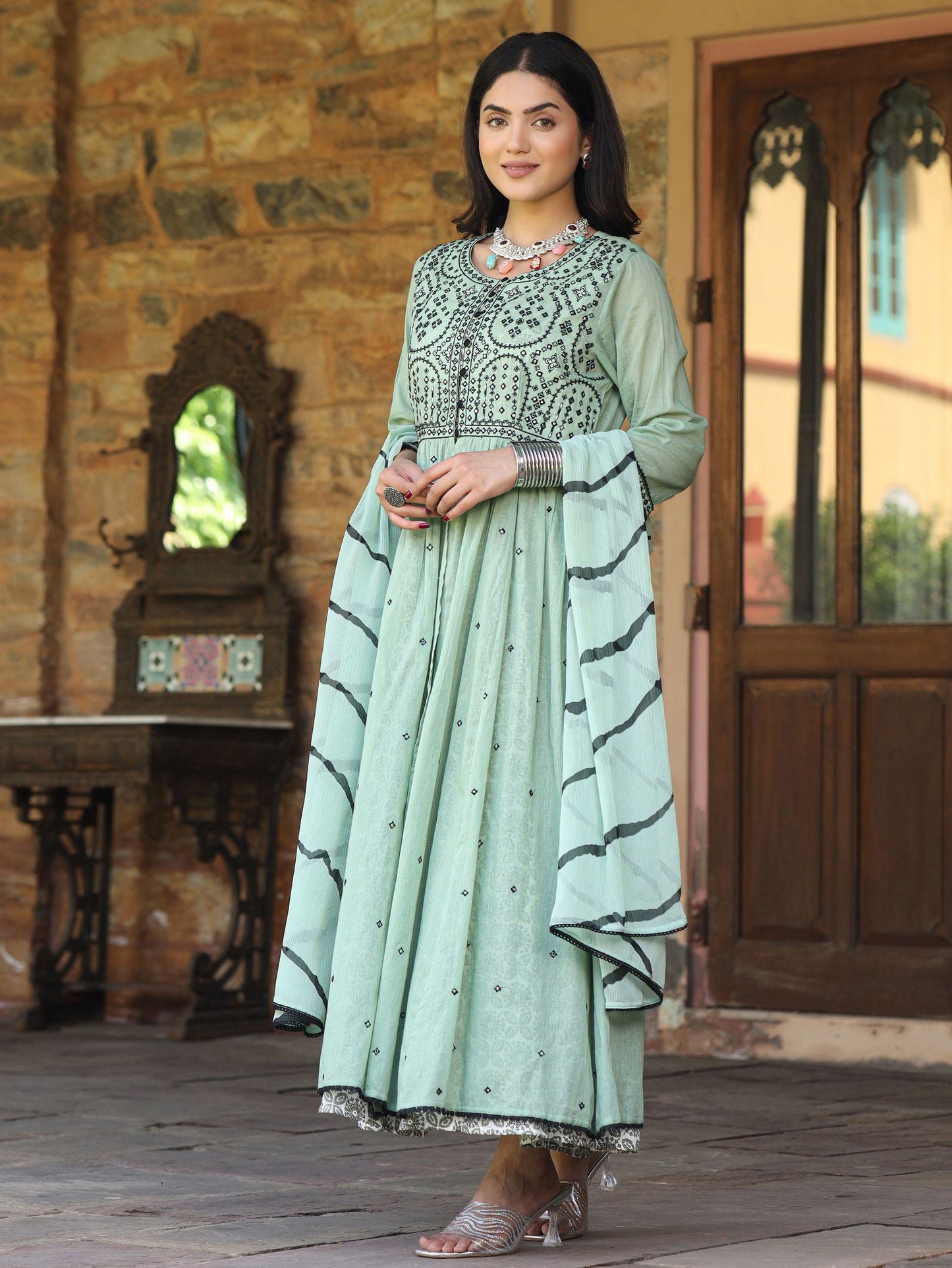 Green & Black Cotton Embroidered Anarkali Dress With Jacket & Tie-Dye Dupatta