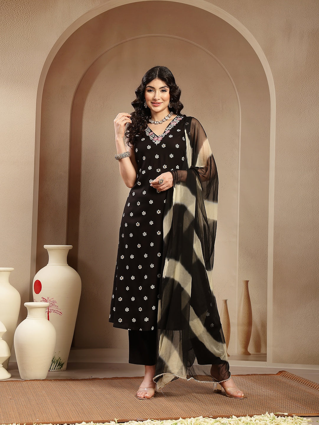 Black Floral Printed & Embroidered Rayon A-Line Kurta With Dupatta