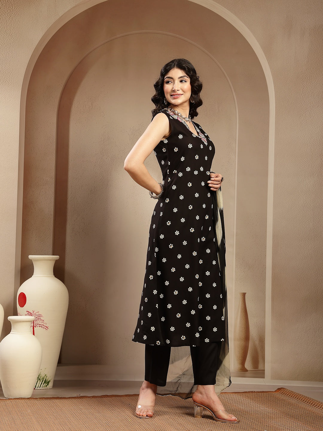Black Floral Printed & Embroidered Rayon A-Line Kurta With Dupatta