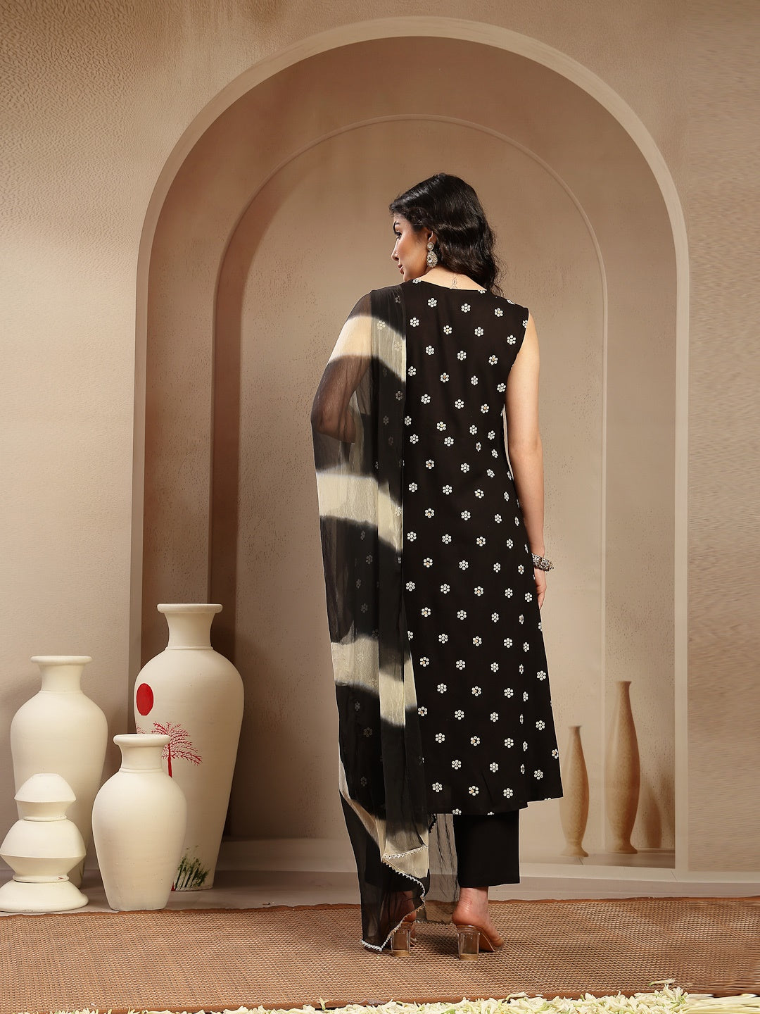 Black Floral Printed & Embroidered Rayon A-Line Kurta With Dupatta
