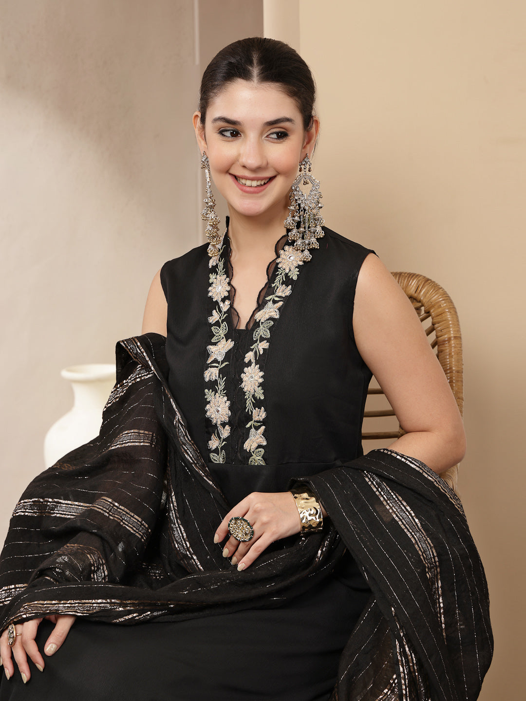 Black Solid & Embroidered Crepe A-Line Kurta With Dupatta