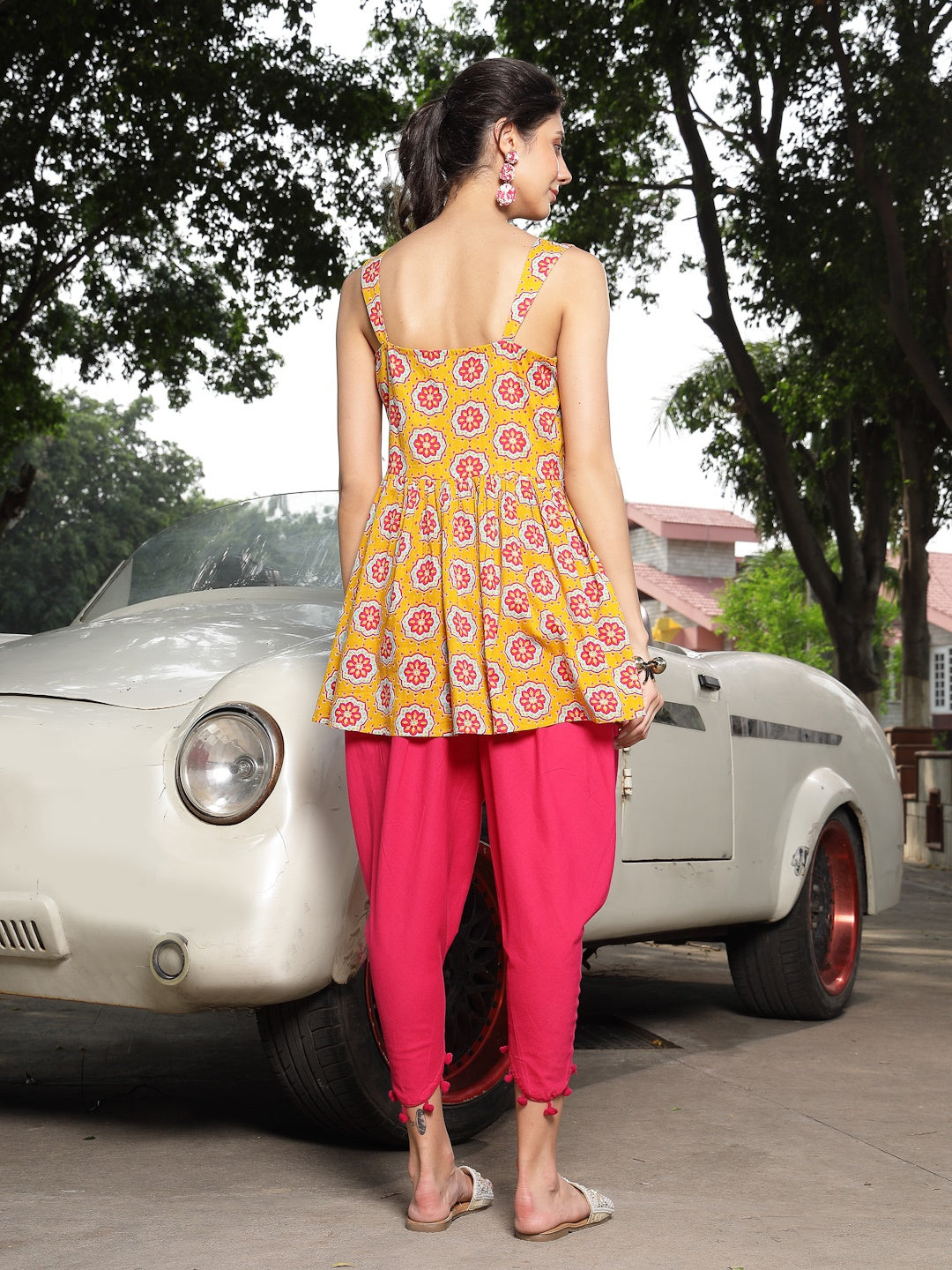 Mustard Ajrakh Printed Cotton A-Line Kurti Dhoti Pant Set