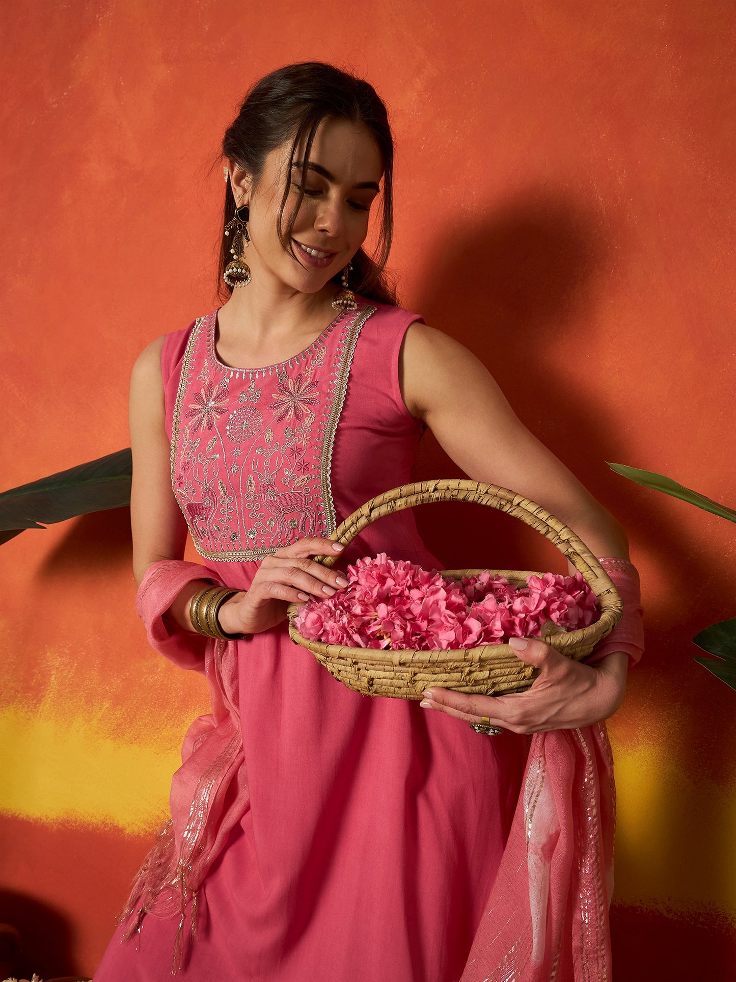 Solid & Embroidered Rayon A-Line Kurta With Dupatta