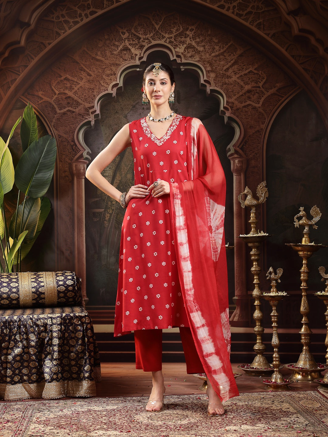 Red Floral Printed & Embroidered Rayon A-Line Kurta With Dupatta