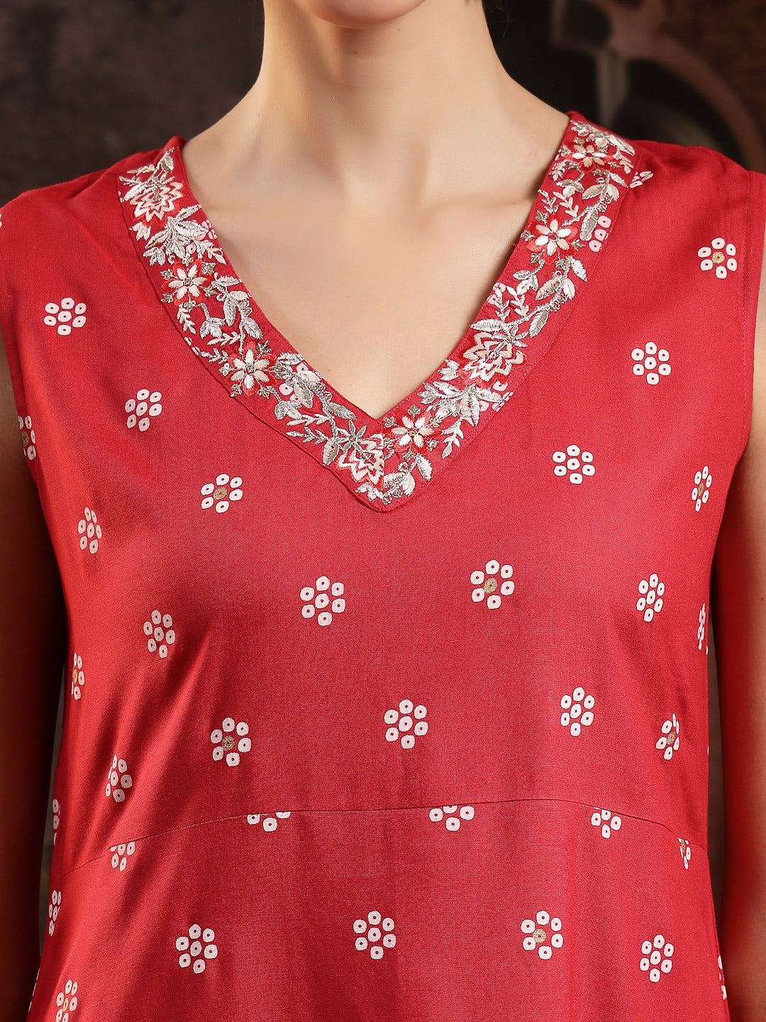Red Floral Printed & Embroidered Rayon A-Line Kurta With Dupatta