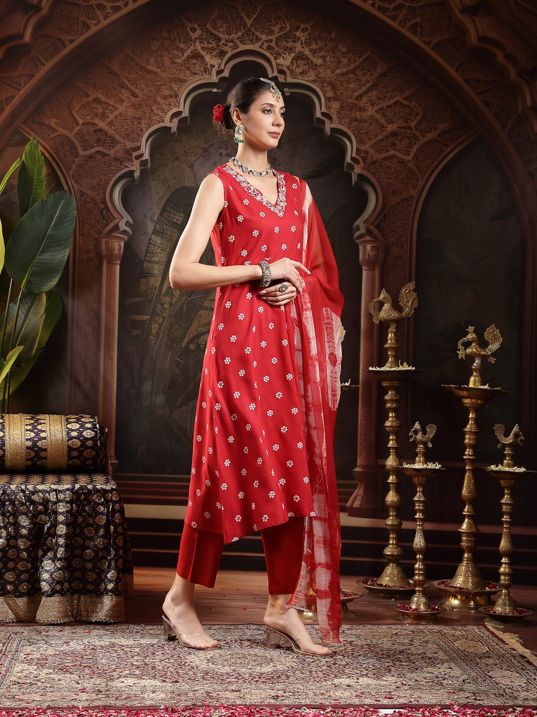Red Floral Printed & Embroidered Rayon A-Line Kurta With Dupatta