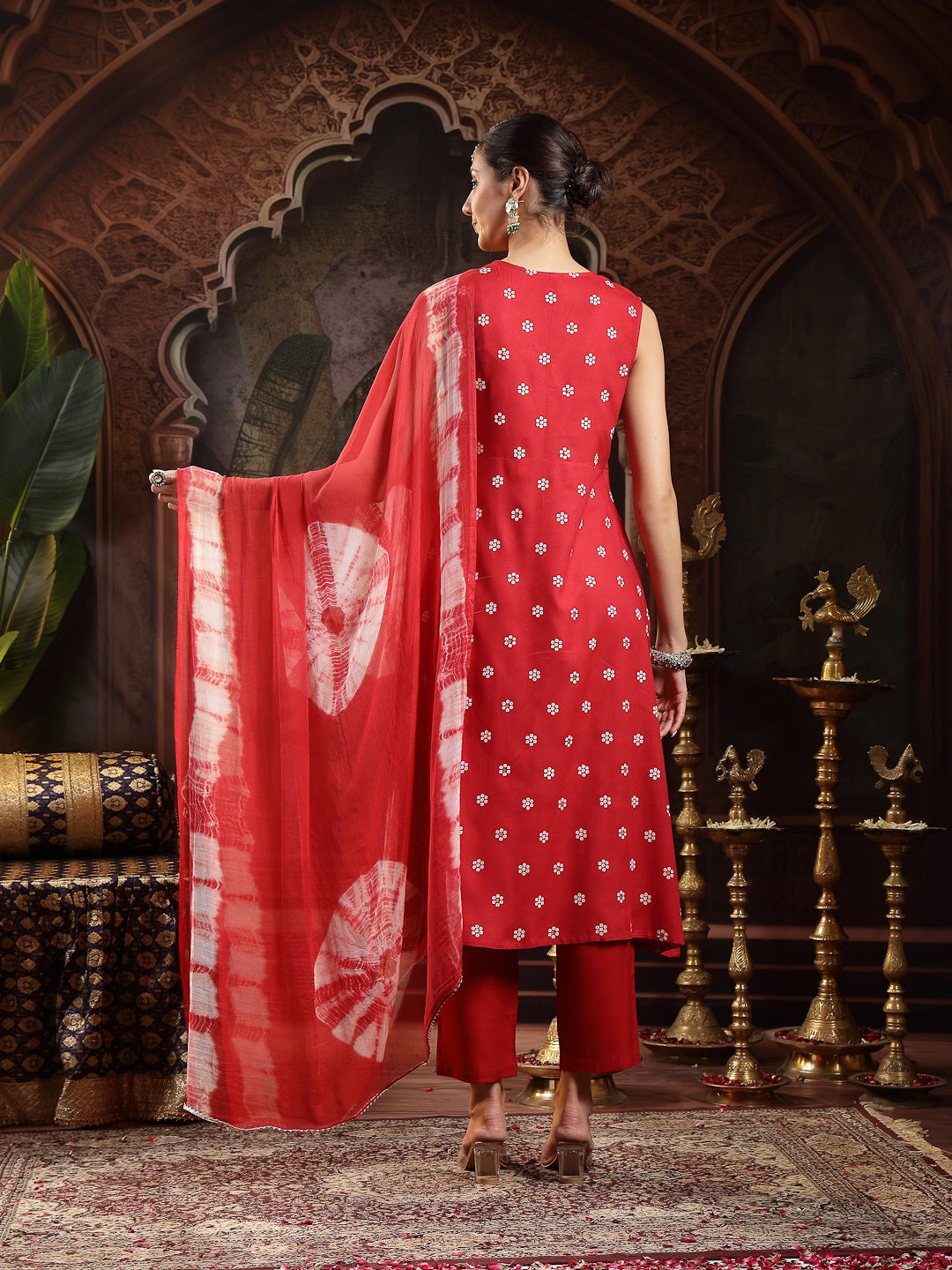 Red Floral Printed & Embroidered Rayon A-Line Kurta With Dupatta