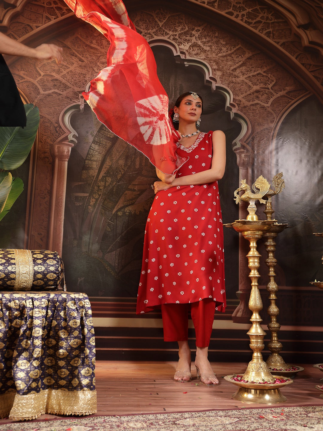 Red Floral Printed & Embroidered Rayon A-Line Kurta With Dupatta