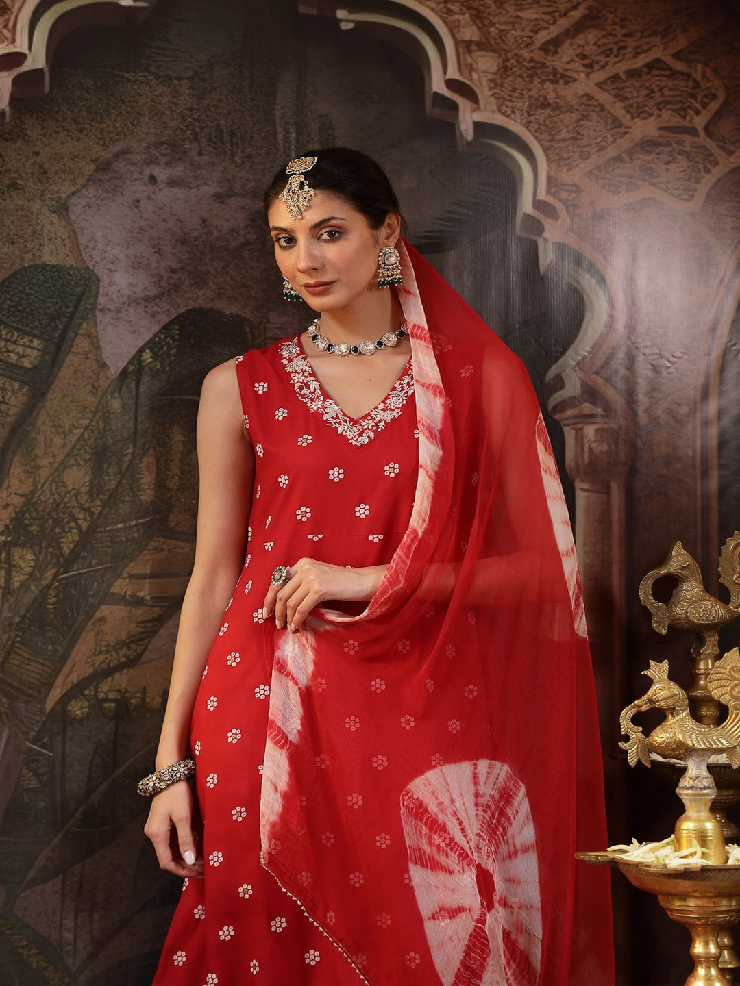 Red Floral Printed & Embroidered Rayon A-Line Kurta With Dupatta (Pre-Order)