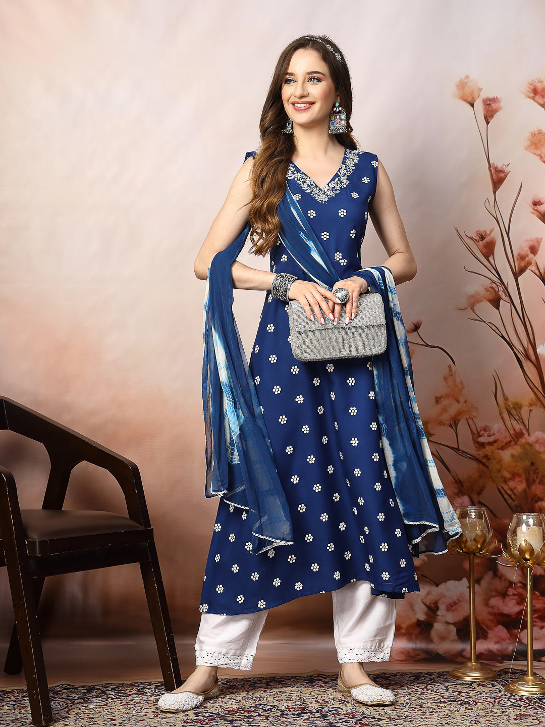 Blue Floral Printed & Embroidered Rayon A-Line Kurta Dupatta Set