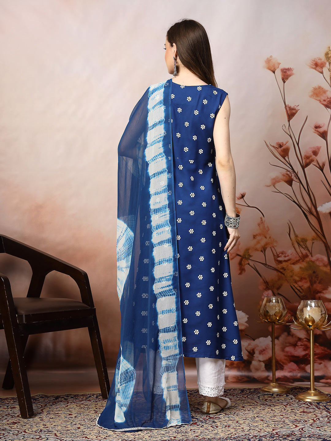 Blue Floral Printed & Embroidered Rayon A-Line Kurta Dupatta Set