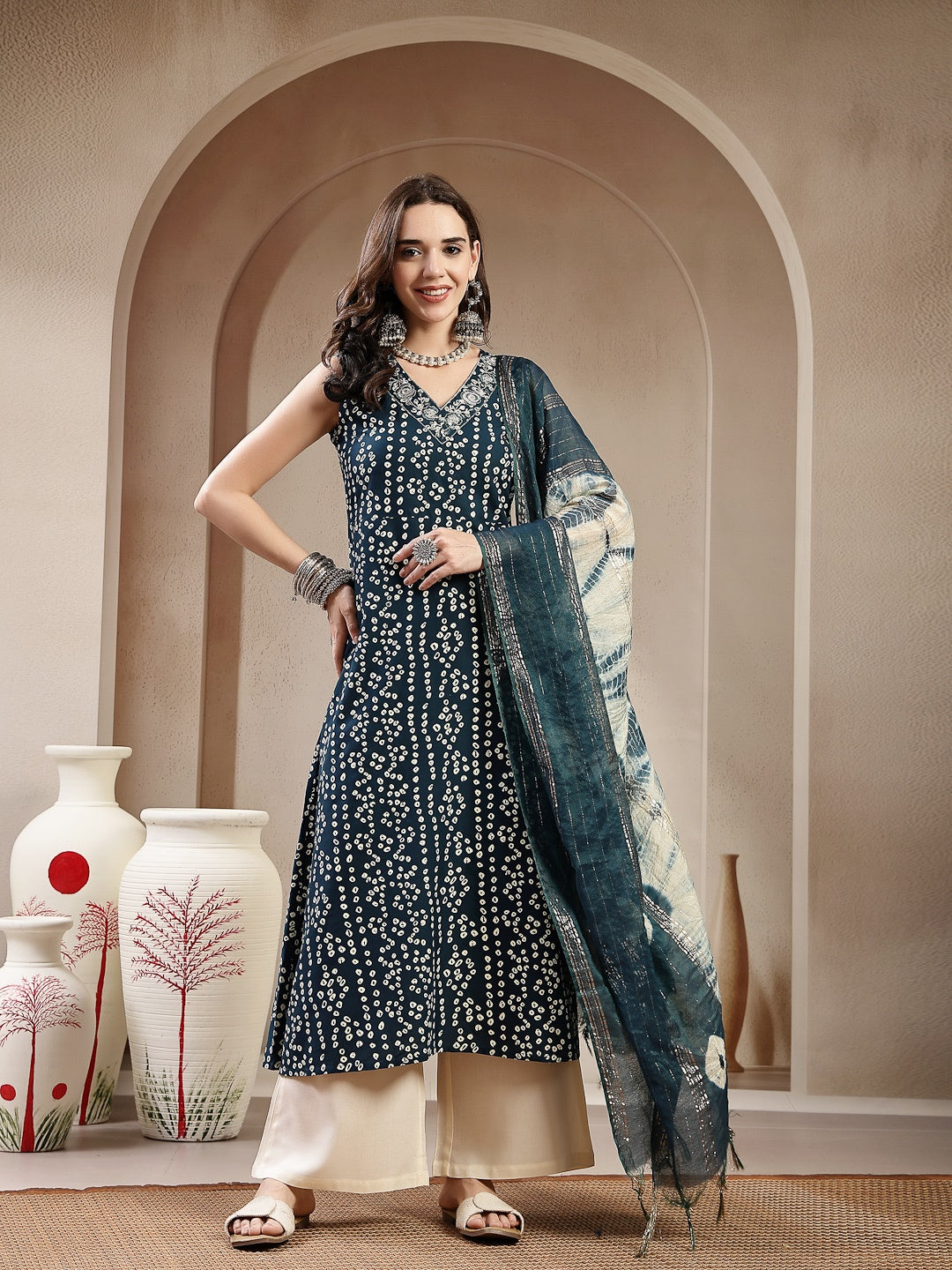 Teal Bandhej Printed A-Line Rayon Kurta With Dupatta