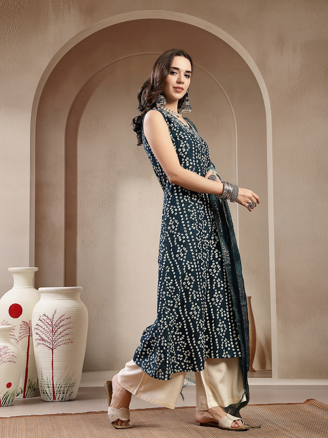 Teal Bandhej Printed A-Line Rayon Kurta With Dupatta