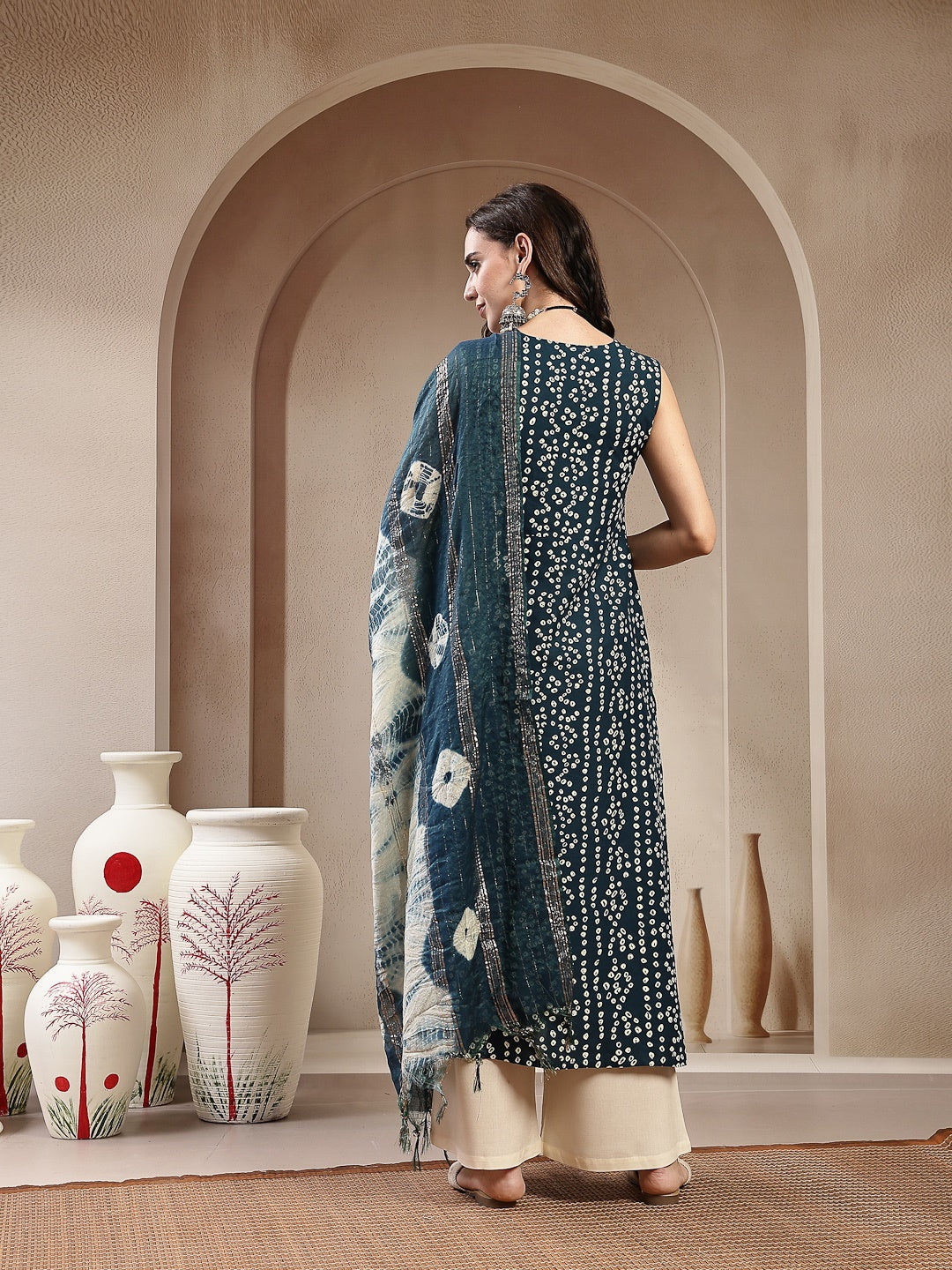 Teal Bandhej Printed A-Line Rayon Kurta With Dupatta