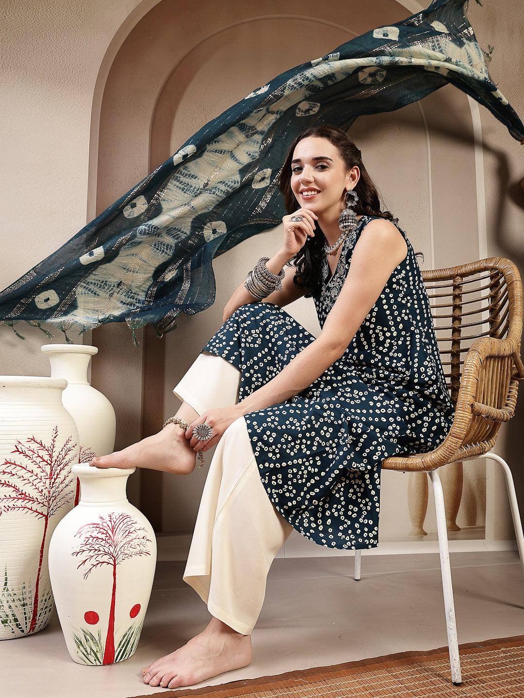 Teal Bandhej Printed A-Line Rayon Kurta With Dupatta