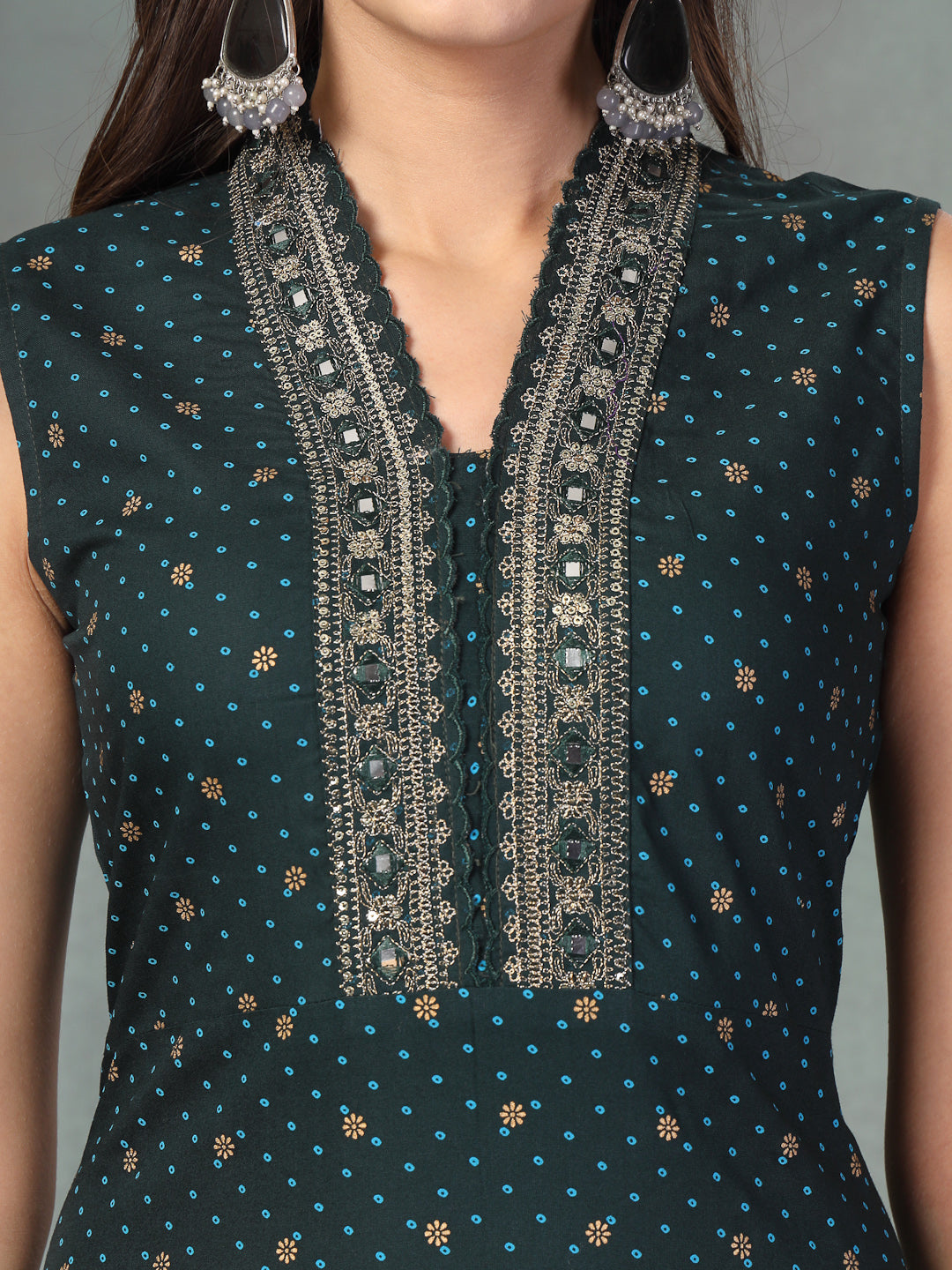 Teal Khari Printed & Embroidered Rayon A-Line Kurta Dupatta Set