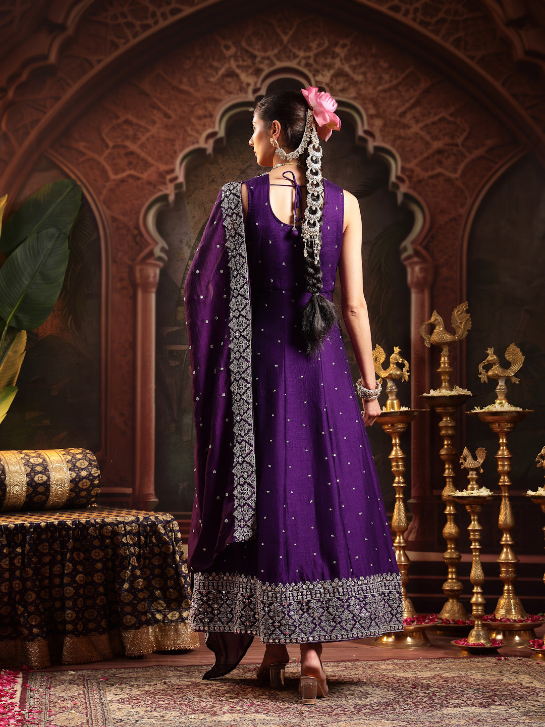 Violet Embroidered Party Wear Georgette Gown With Dupatta