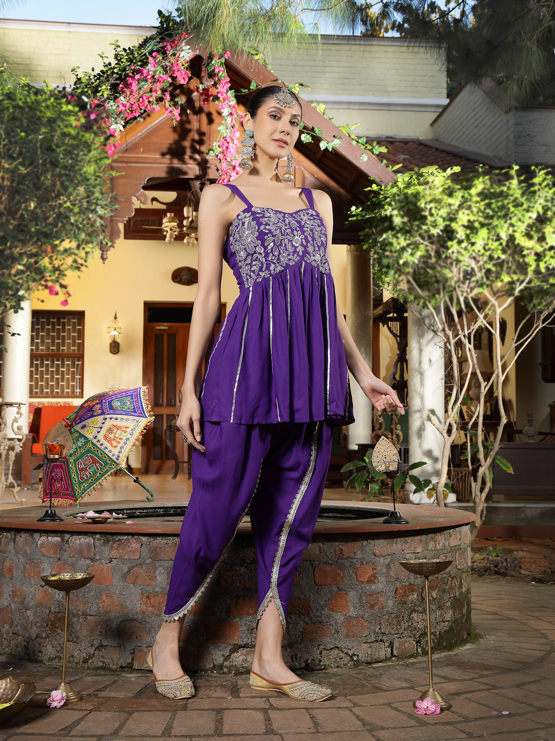Violet Solid & Embroidered Rayon A-Line Kurti Dhoti Pant Set