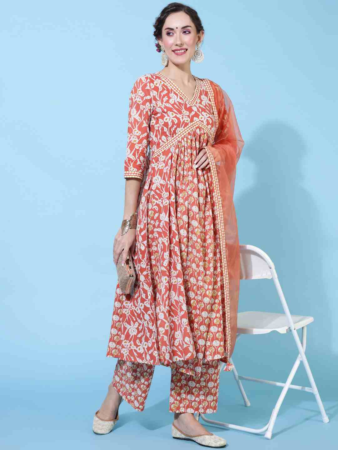 Cotton Calf Length Printed Flared 3/4 sleeves V neck Kurta Bottom Set