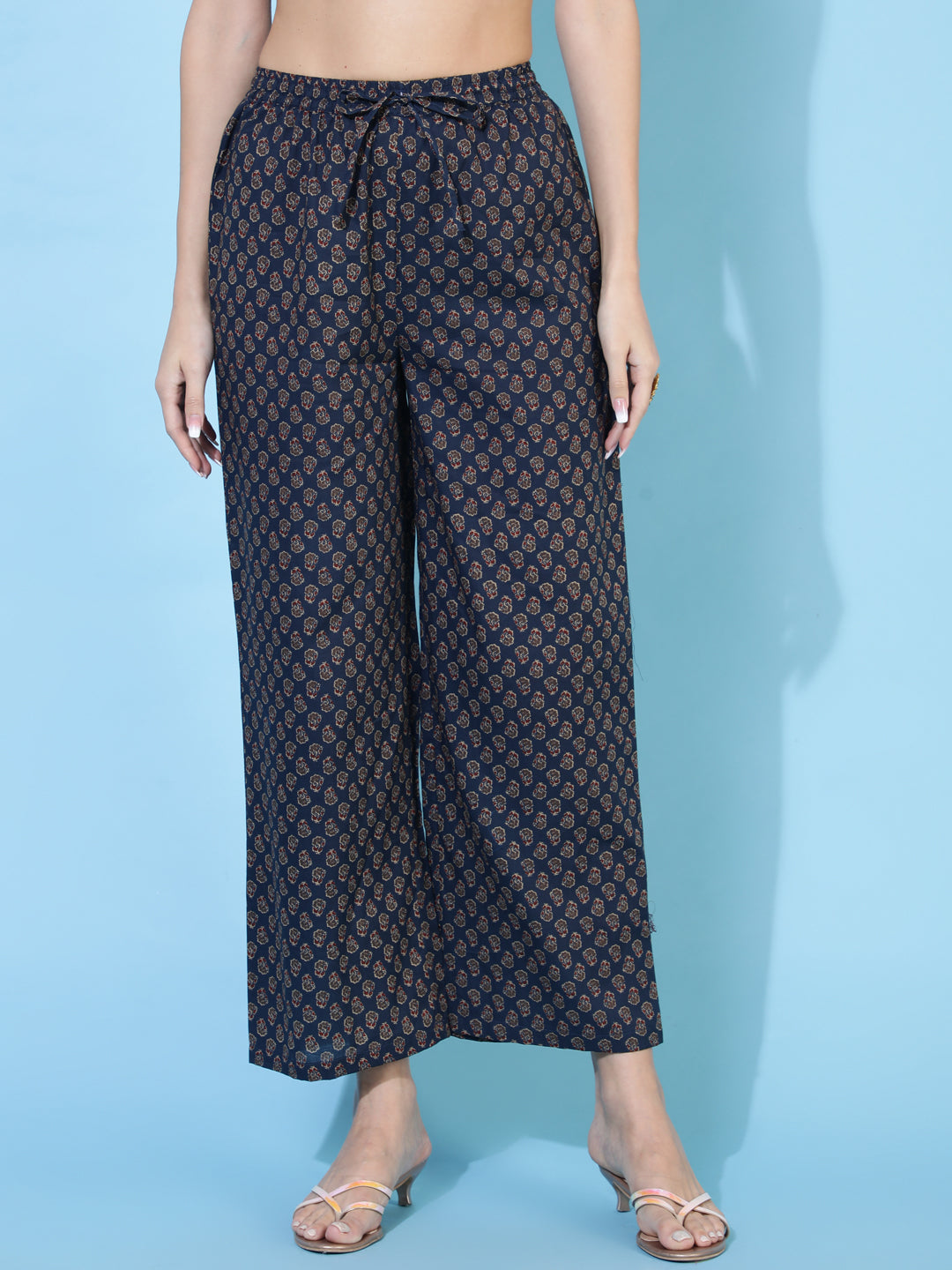 Cotton Calf Length Printed Flared 3/4 sleeves Round Neck Kurta Bottom Set