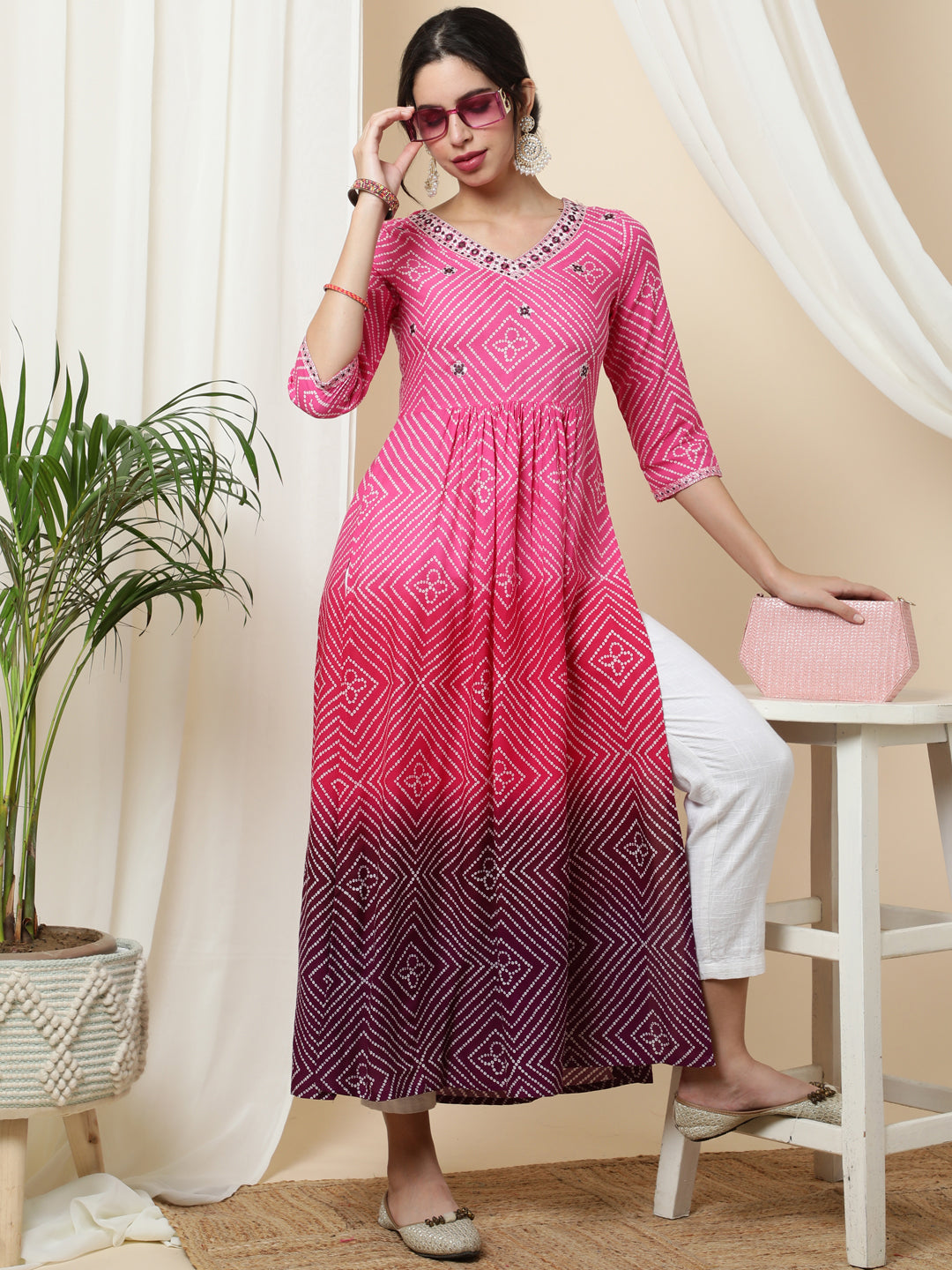 Rayon  Calf Length Printed  3/4 Sleeve V-Neck Kurta