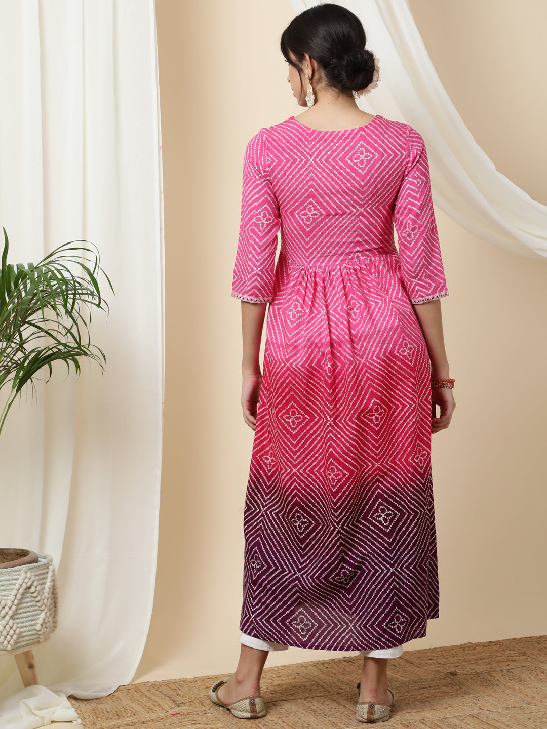 Rayon  Calf Length Printed  3/4 Sleeve V-Neck Kurta