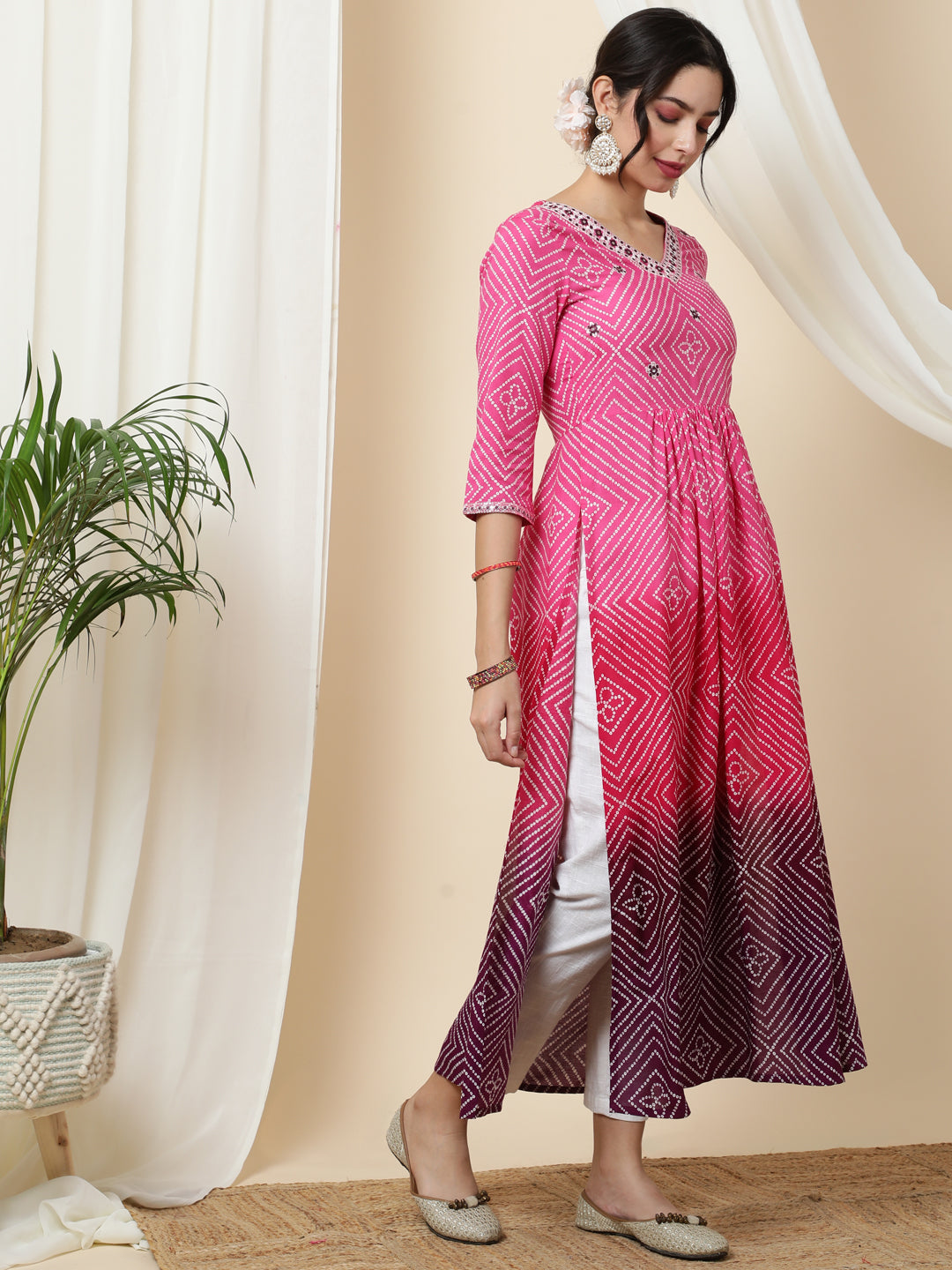 Rayon  Calf Length Printed  3/4 Sleeve V-Neck Kurta