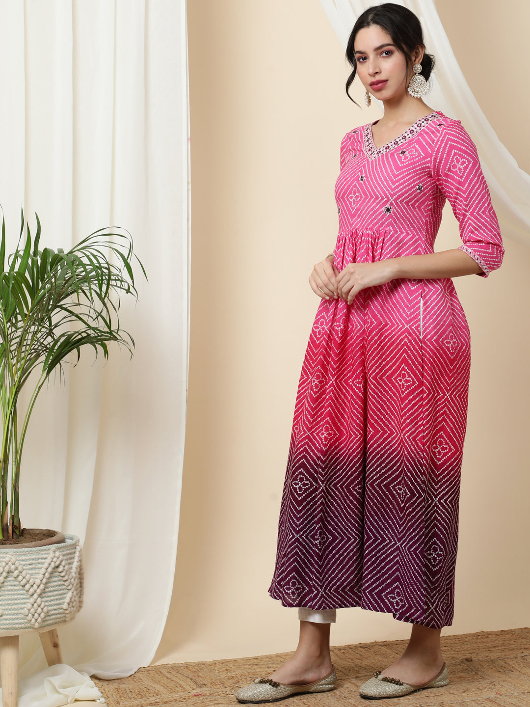 Rayon  Calf Length Printed  3/4 Sleeve V-Neck Kurta