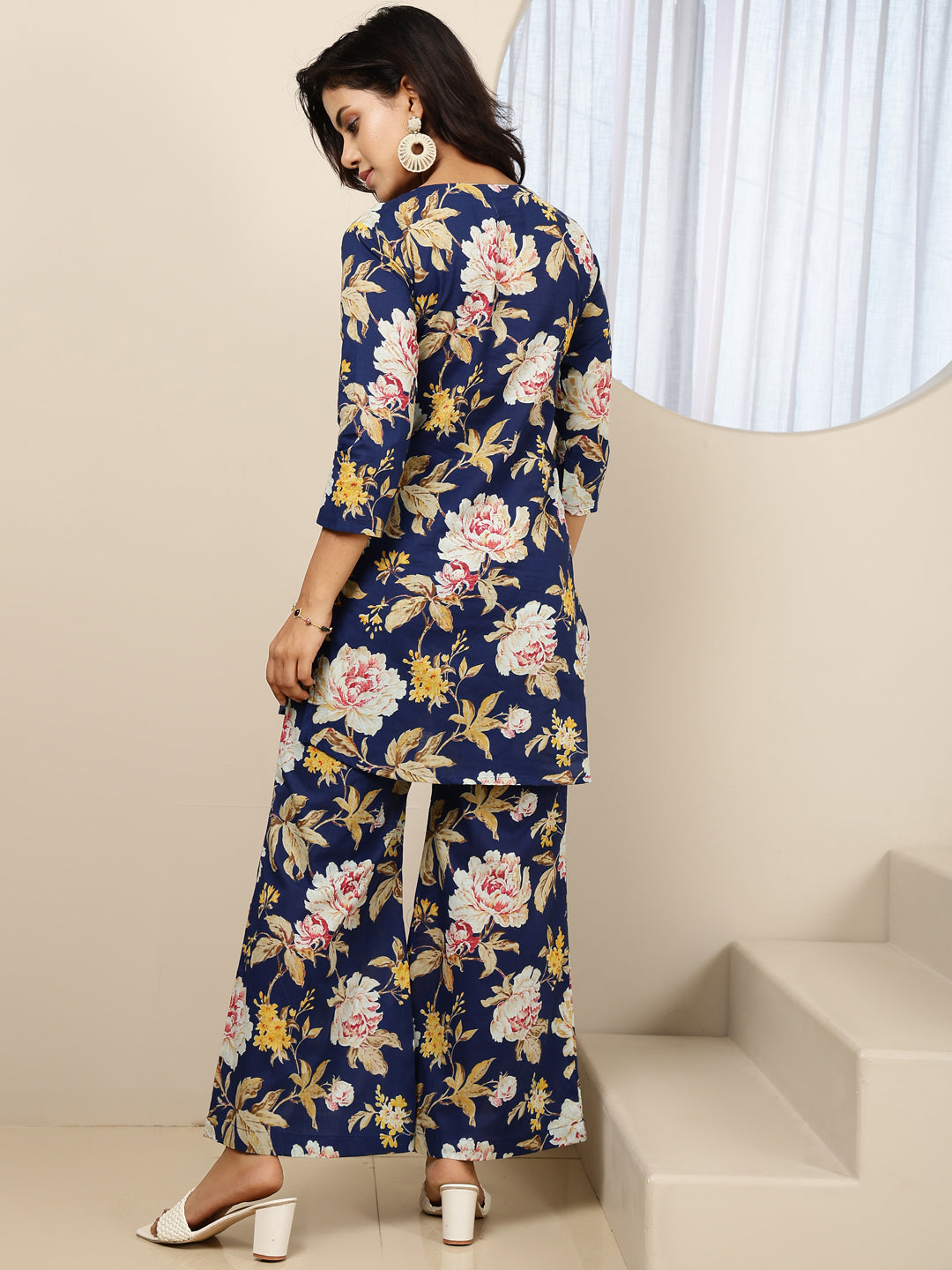 Cotton Hip Length Printed Straight 3/4 Sleeves Round Neck Kurta Bottom Set