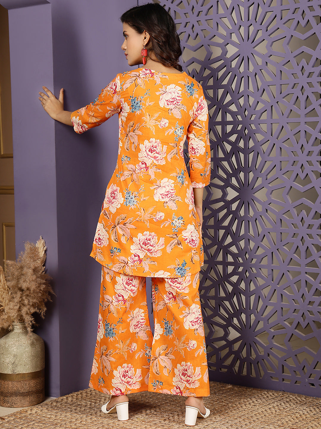 Cotton Hip Length Printed Straight 3/4 Sleeves Round Neck Kurta Bottom Set