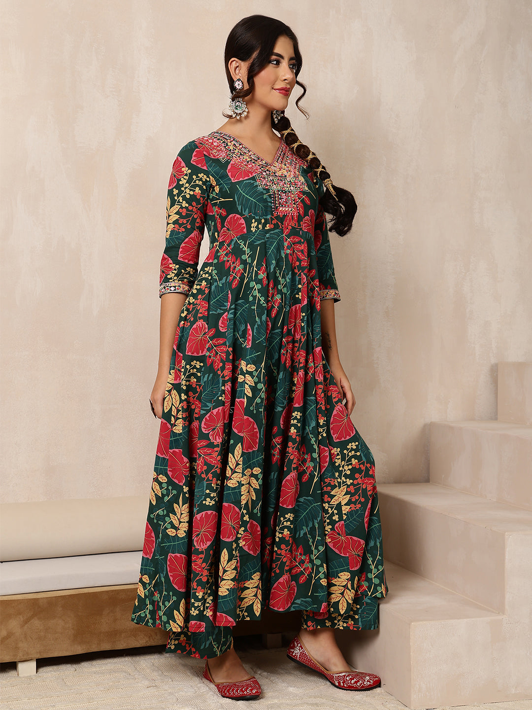 Cotton Calf Length Printed Flared 3/4 Sleeves V-Neck Kurta Bottom