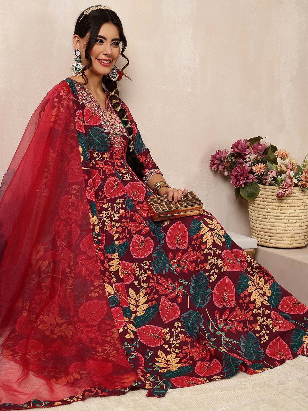 Cotton Calf Length Printed Flared 3/4 Sleeves V-Neck Kurta Bottom Dupatta Set