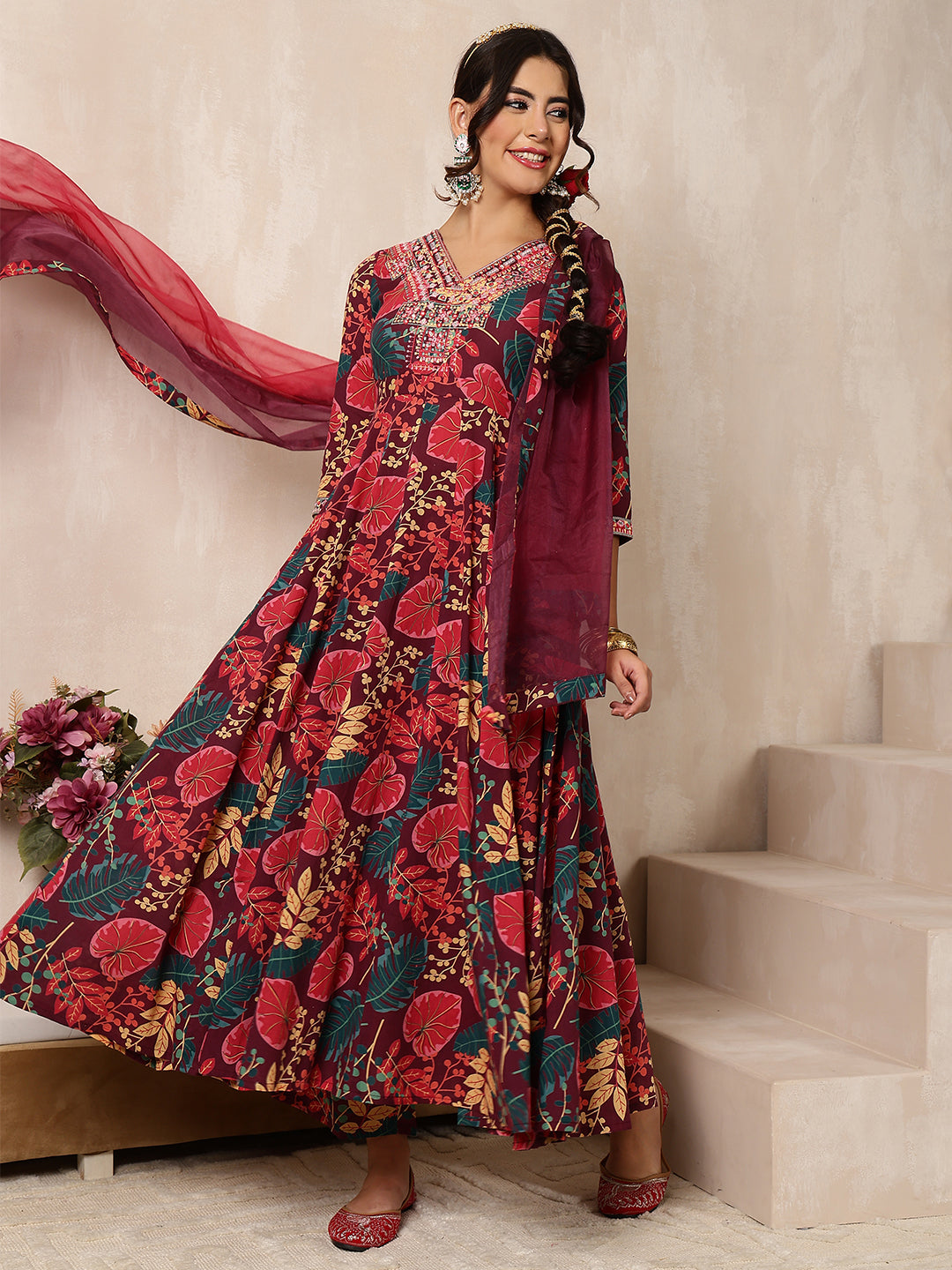 Cotton Calf Length Printed Flared 3/4 Sleeves V-Neck Kurta Bottom Dupatta Set