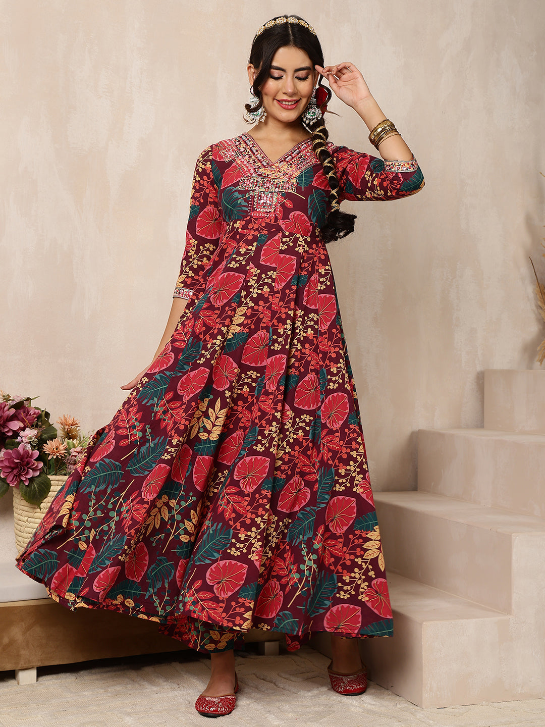 Cotton Calf Length Printed Flared 3/4 Sleeves V-Neck Kurta Bottom Dupatta Set