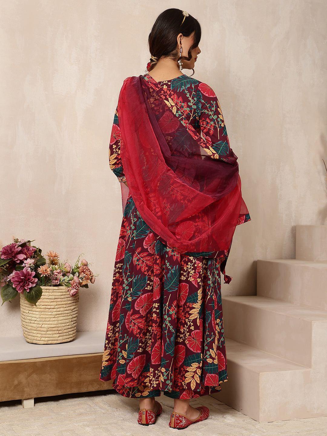 Cotton Calf Length Printed Flared 3/4 Sleeves V-Neck Kurta Bottom Dupatta Set