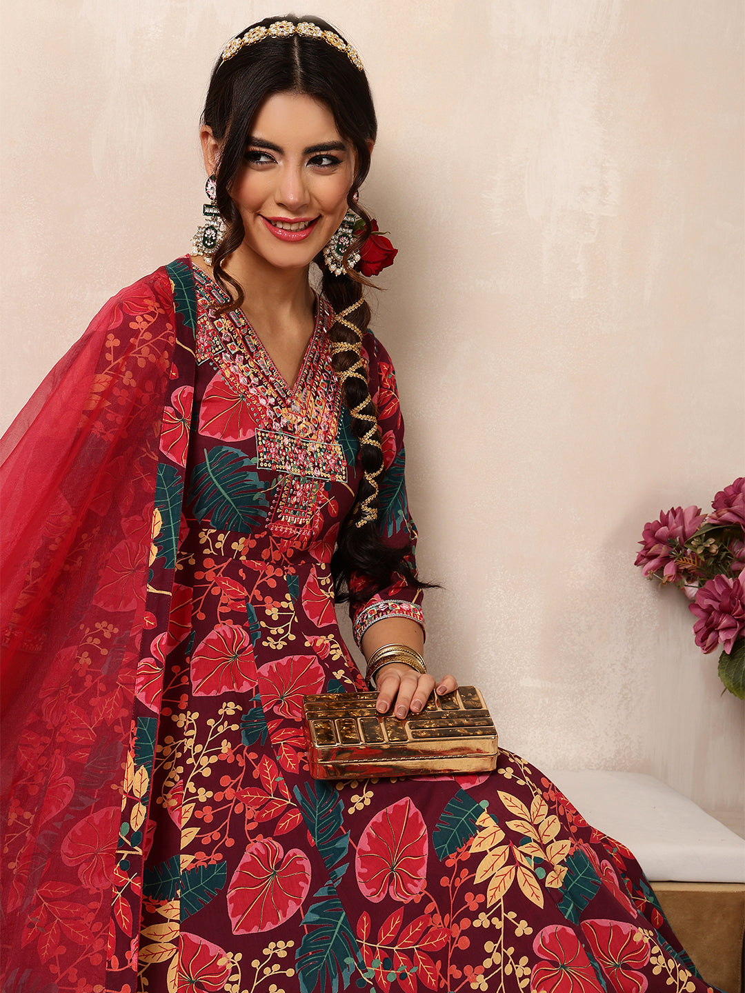 Cotton Calf Length Printed Flared 3/4 Sleeves V-Neck Kurta Bottom Dupatta Set