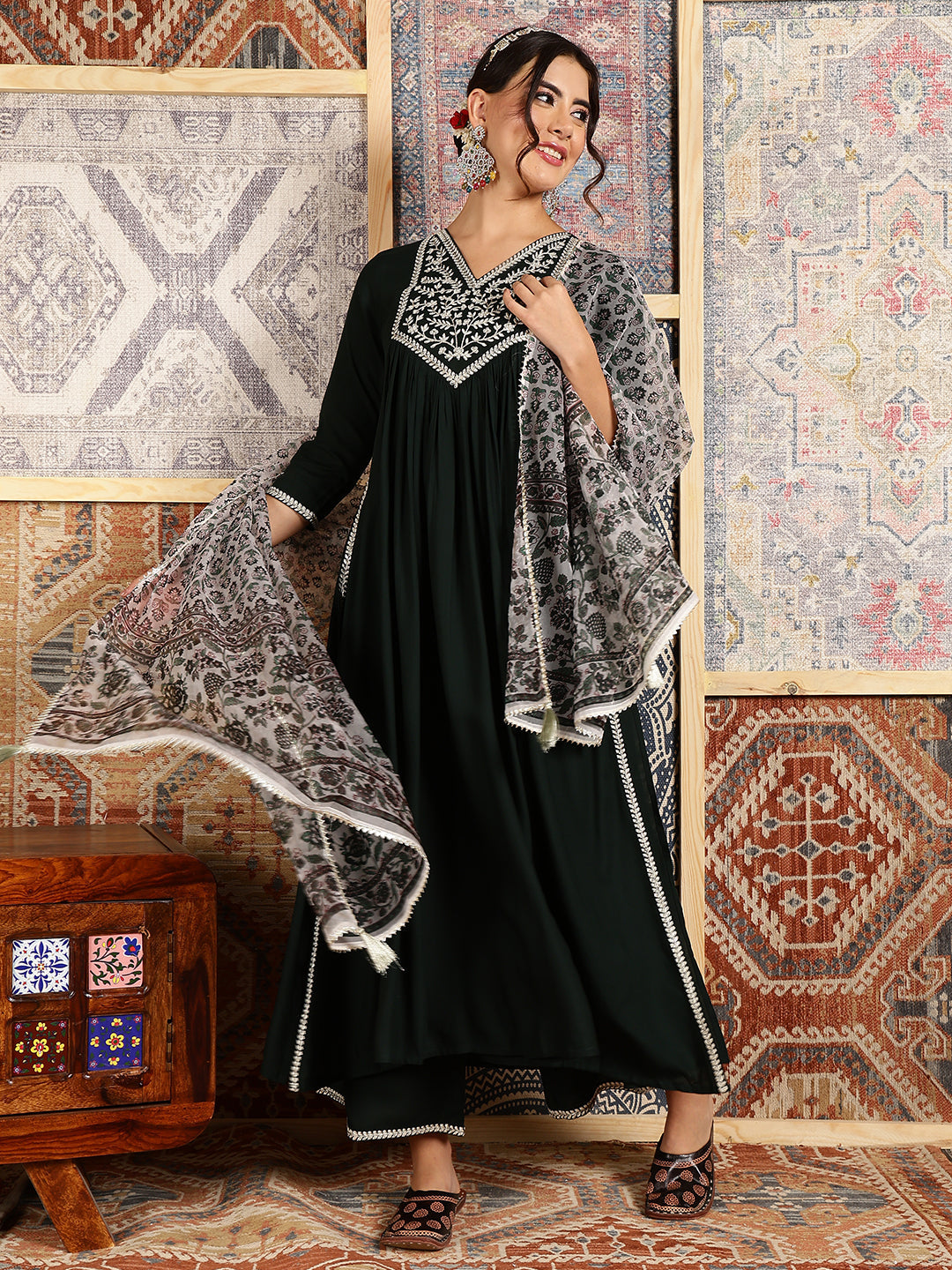 Rayon Calf Length Solid Flared 3/4 Sleeves V-Neck Kurta Bottom Dupatta Set