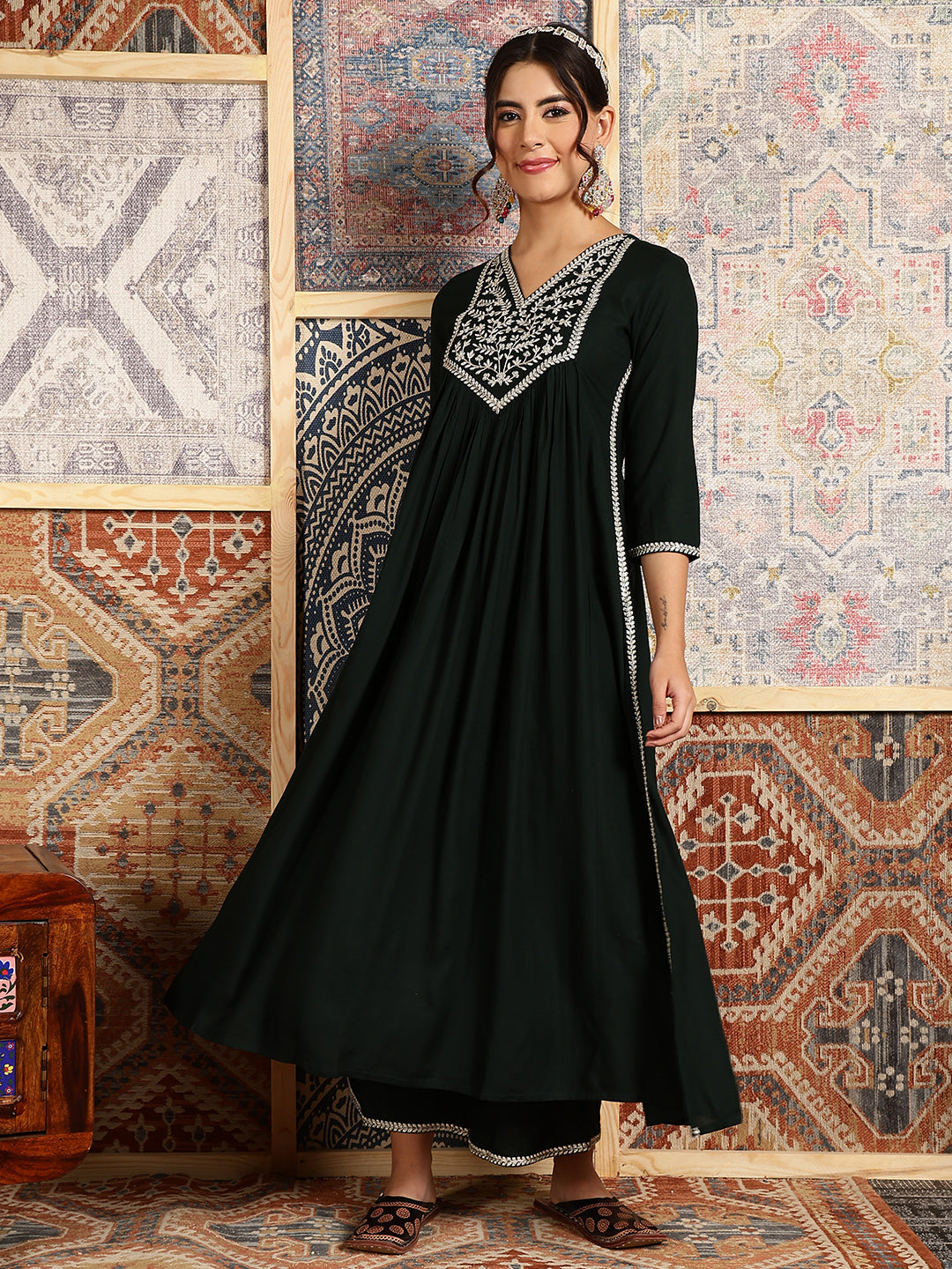 Rayon Calf Length Solid Flared 3/4 Sleeves V-Neck Kurta Bottom Dupatta Set