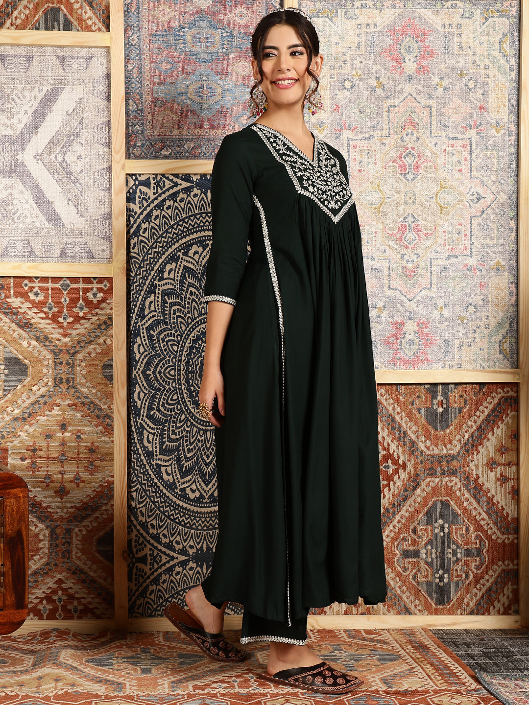 Rayon Calf Length Solid Flared 3/4 Sleeves V-Neck Kurta Bottom Dupatta Set