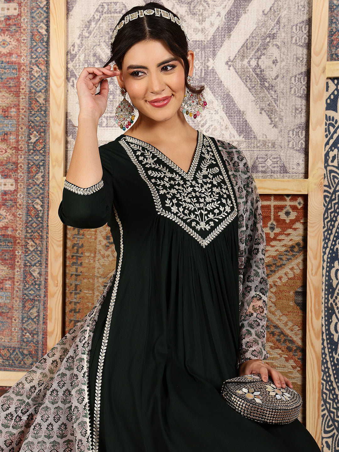 Rayon Calf Length Solid Flared 3/4 Sleeves V-Neck Kurta Bottom Dupatta Set
