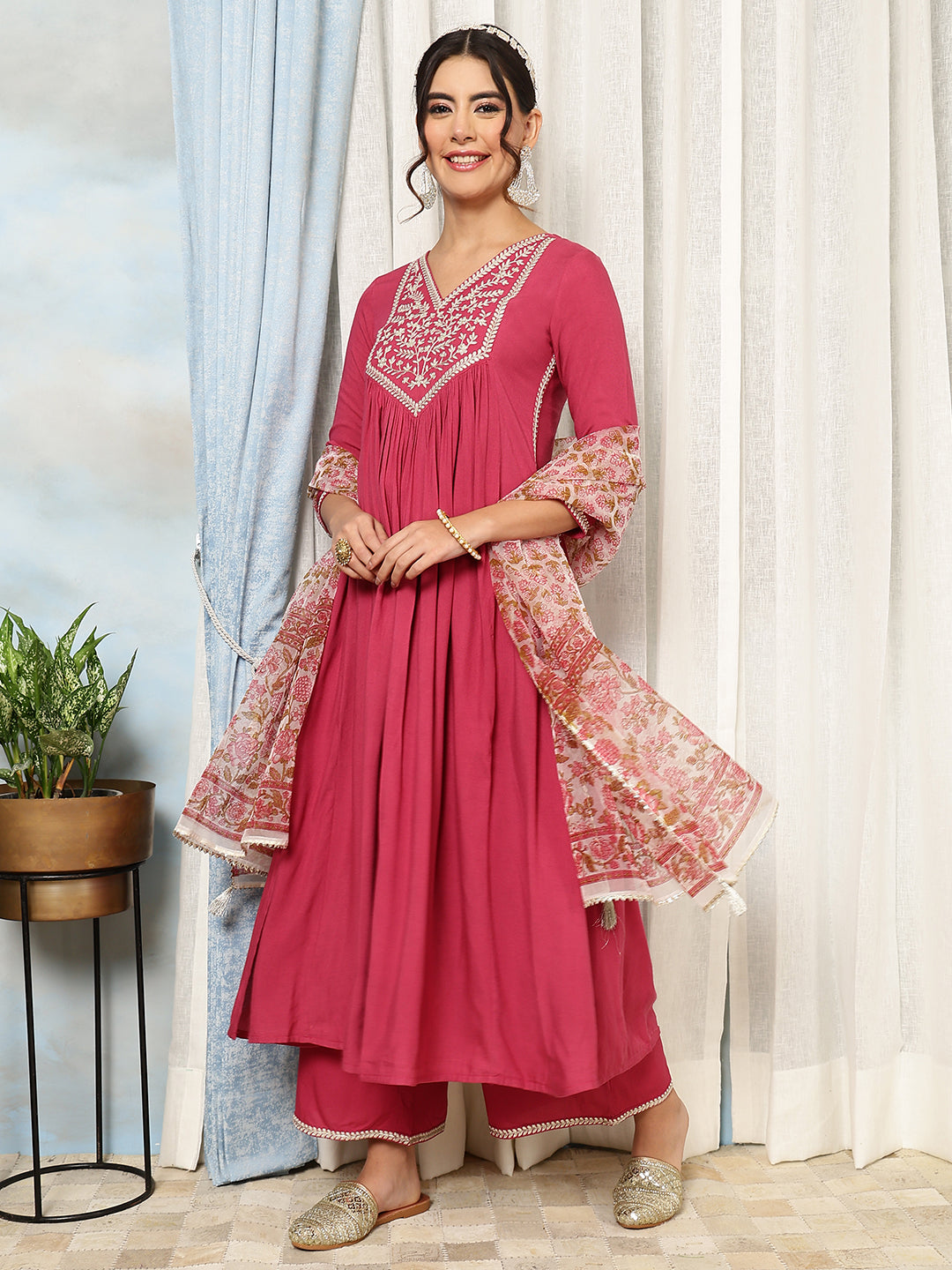 Rayon Calf Length Solid Flared 3/4 Sleeves V-Neck Kurta Bottom Dupatta Set