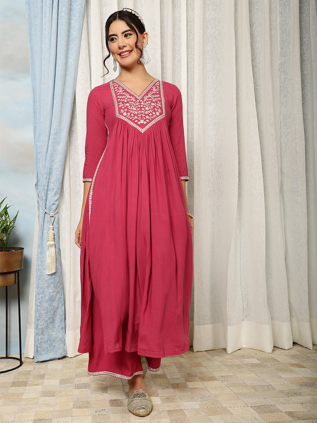 Rayon Calf Length Solid Flared 3/4 Sleeves V-Neck Kurta Bottom Dupatta Set